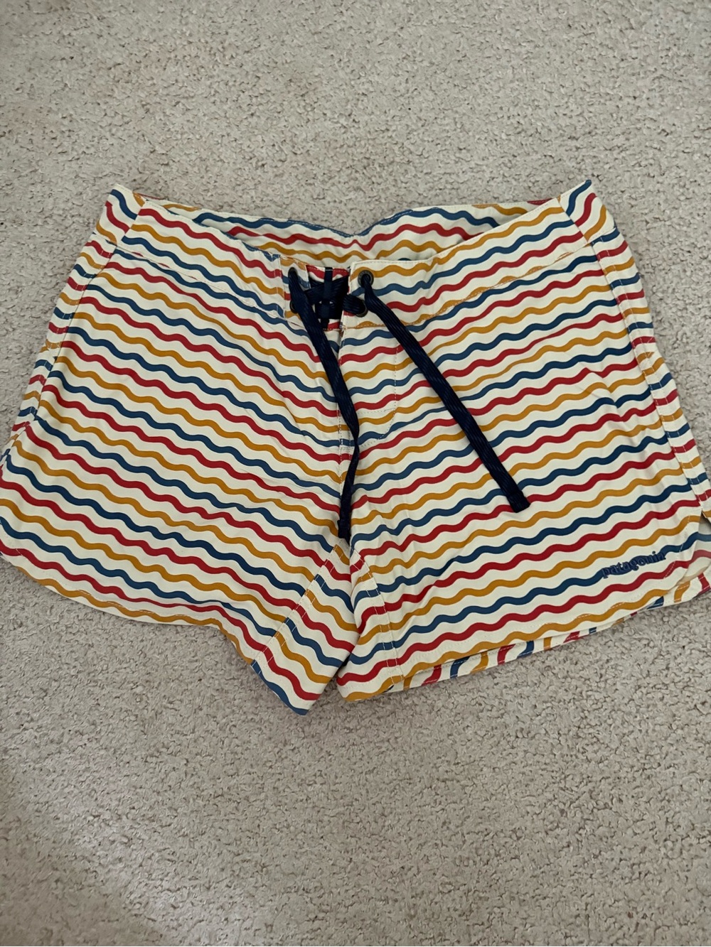 Patagonia Women's Multicolor Wavy Stripe Athletic Shorts - Navy Drawstring